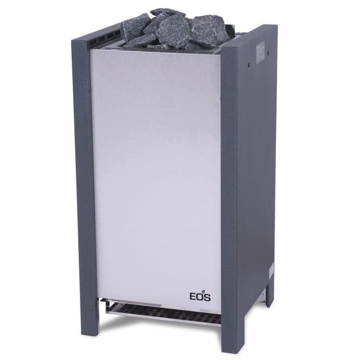 Saunaofen EOS Herkules S25 Kontrastreicher Standofen der Luxus-Klasse für die Finnische Sauna. Für kompakte, mittelgroße Saunakabinen. Die Front aus gebürstetem Edelstahl steht im betonten Kontrast zu den Seitenteilen im Anthrazit Perleffekt. Dank der flachen Rückseite eignet sich der Herkules ideal für die Aufstellung vor Glasflächen. 25 kg Steine sorgen für kräftige Aufgüsse und besonders großes Wärmespeichervermögen.