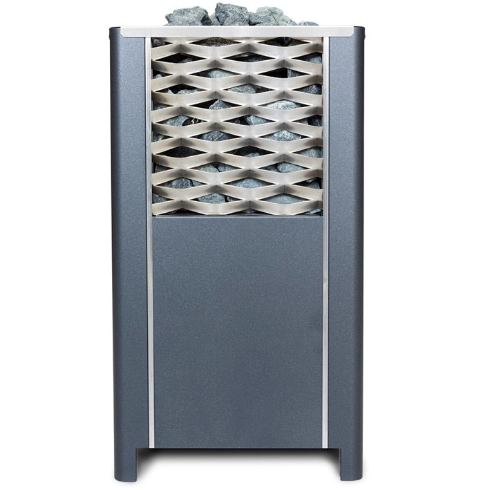 Hochwertiger Designer Standofen für private und gewerbliche Saunakabinen von 7 bis ca. 18 m³. Einzigartiges Design dank dem halboffenem Steinkorb mit Gitter an der Frontseite. Sehr kompakt – nur 40 x 39,5 cm Größe. Mehr Fläche für Aufgüsse dank Streckmetallgitter vorne. Robuste, langlebige Konstruktion aus Edelstahl. Elegantes Design mit hochwertiger, kratzfester Anthrazit Perleffekt Pulverbeschichtung.