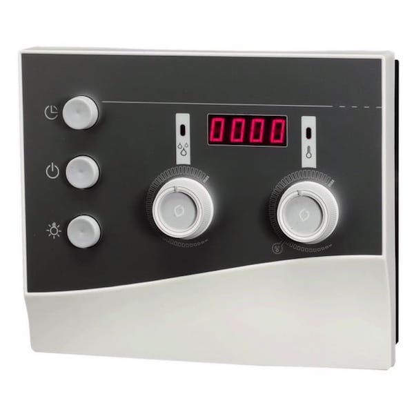 Die Saunasteuerung K3-Next von sentiotec kombiniert Sauna- und Feuchtebetrieb mit hoher Qualität und niedrigem Preis. Feuchtebetrieb, Temperaturwahl 40 °C bis 65 °C Verdampferleistung: 3 kW Wassermangelanzeige Akustisches Signal Anzeige der Betriebsart für Temperatur und Feuchte, sowie Vorwahlzeit im 15-Minuten-Takt. Zweifühler-System. Einfache Handhabung mit Drehreglern.