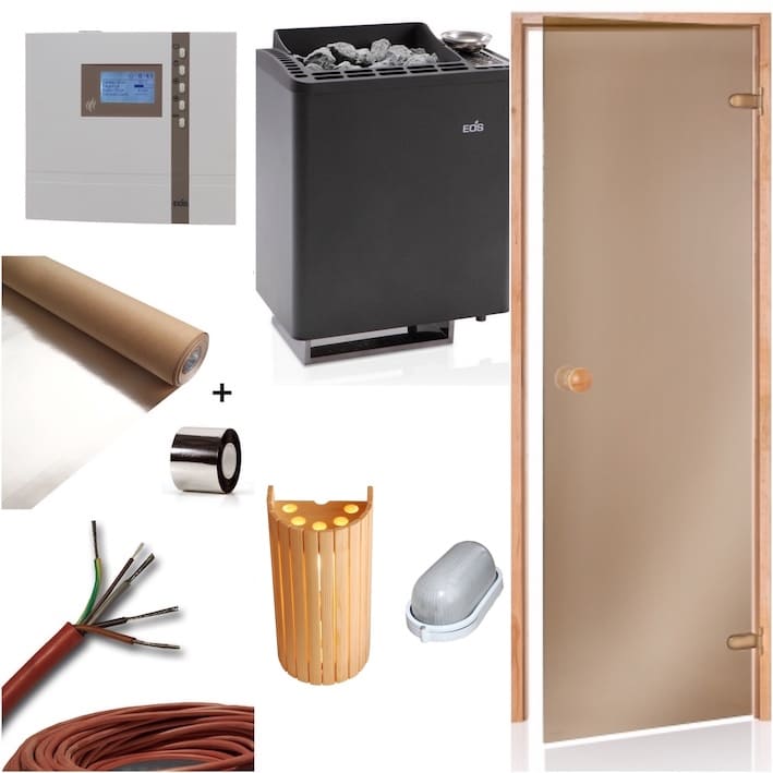 Der Sauna Bausatz für die bio Kombi Sauna mit dem hochwertigen Saunaofen Bio Tec mit Steuergerät Econ H2 von EOS. Desweiteren sind eine Saunatür in Bronzeglas, Sauna Aluminiumfolie als Dampfsperre, Saunaleuchte mit Abdeckschirm und Silikon-Anschlusskabel enthalten.