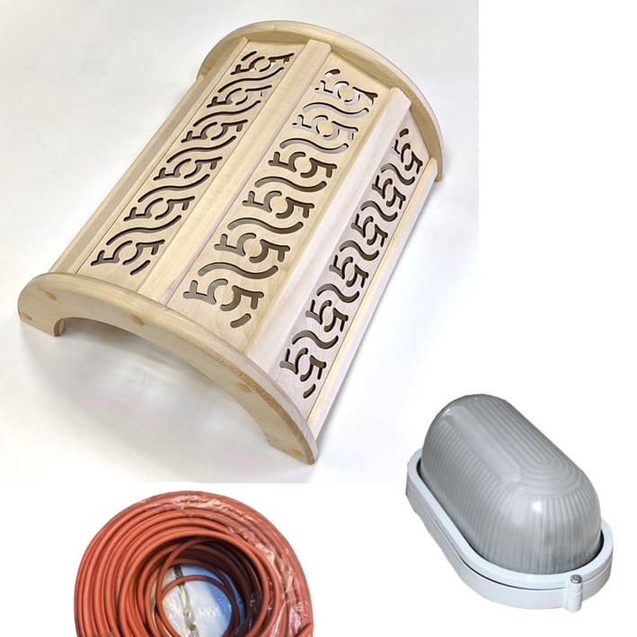 3 Tlgs. Saunaleuchte Set bestehend aus schönem hellem Sauna Blendschirm aus Lindenholz für die Wandmontage mit Feuchtraumleuchte und 4m Silikonkabel. Perfekt für größere Saunakabinen mit optimaler Lichtverteilung