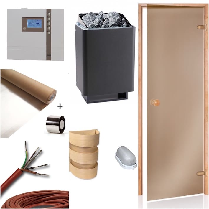 Sauna komplett Bau Set. Lieferumfang: 1. Teil: Saunaofen 34A, Anthrazit 7,5kW oder 9 kW , EOS Werke 2. Teil: Digitale Saunasteuerung ECON D1, EOS Werke 3. Teil: Digitaler Temperaturfühler inkl. Temperaturbegrenzer 4. Teil: 1,7m Fühlerkabel in Rot-Weiß (Temperaturfühler) 5. Teil: 2,0m Silikonkabel (Ofen-Steuerung) 6. Teil: Saunatür Bronzeglas 69 x 189,4 cm 7. Teil: 15kg Olivin - Diabas - Saunasteine 8. Teil: Aluminiumfolie mit Pappe 30m² für den Saunabau 9. Teil: Aluklebeband 50mm x 50m für den Saunabau