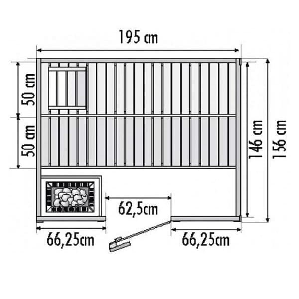 Saunakabine Basic Large 195x187 cm Ausstattung: Kabine aus Fichte Inneneinrichtung „Basic“ aus Linde 2 Bänke 50 cm 1 Kopfstütze 1 Lüftungsschieber 1 Ofenschutzgitter 1 Lampenschutz mit Lampe ohne Leuchtmittel