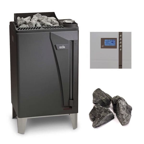 Bio Kombi Saunaofen Bi-O Max mit der Steuerung Econ H4 im Set. Saunaofen der Premium Klasse von EOS Saunatechnik für die private und gewerbliche Nutzung mit 60 kg Steinvolumen für kräftige Aufgüse. Steinkorb ohne Kontakt mit den Heizstäben