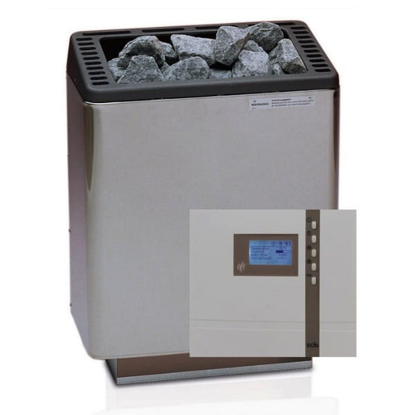 Robuster Saunaofen Euro mit Saunasteuerung Econ D4 von EOS Saunatechnik. Für die finnische Sauna | Dieses Saunaofen Set passt optimal in private sowie gewerbliche Saunakabinen mit einem hohen Leistungsanspruch.