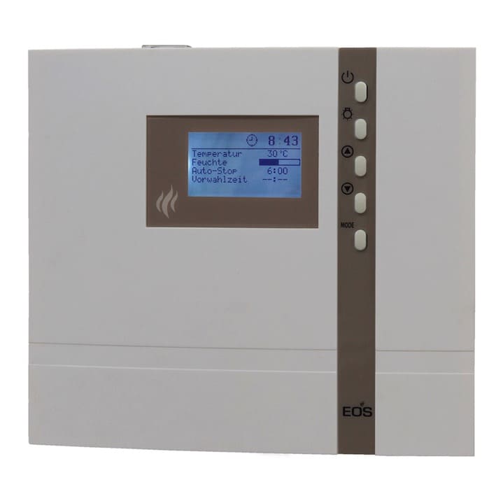Saunasteuerung Econ H2. Elektronisches Steuergerät (Finnisch + Bi-O) für private und gewerbliche Nutzung. Steuergerät für die finnische (trockene) Sauna und Sauna mit Feuchtebetrieb mit mehrsprachiger Menüführung und umfangreichen Funktionen. Extra großes, mehrzeiliges LCD-Display, zeigt alle Parameter auf einen Blick. Mit 24 Std. Zeitvorwahl in Echtzeit, Heizzeitbegrenzung bis 6 Std. bzw. bis 12 Std. bei gewerblicher Nutzung. 4 Benutzerprofile.