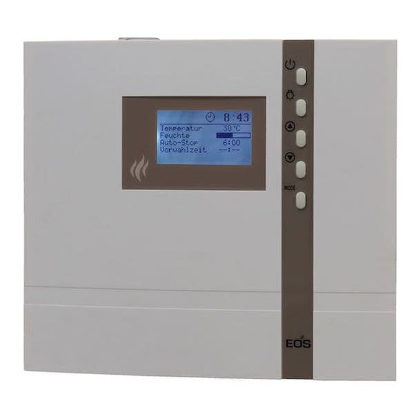 Saunasteuerung Econ D3. Elektronisches Saunasteuergerät für die finnische (trockene) Sauna mit mehrsprachiger Menüführung und umfangreichen Funktionen. Besonders geeignet für gewerbliche Nutzung. Mit 24 Std. Zeitvorwahl in Echtzeit. Regelbereich zwischen 30 °C und 115 °C. Anschluss eines Bankfühlers möglich. 4 Benutzerprofile.