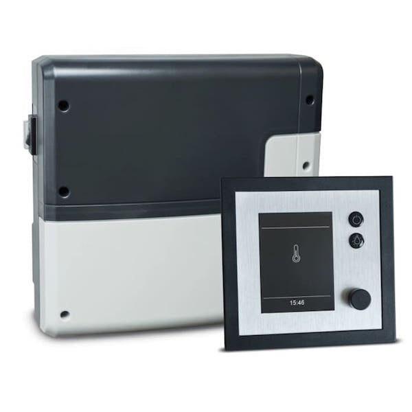 EmoTec D Saunasteuergerät der Premium-Klasse für die trockene (Finnische) Sauna Ein modernes Steuergerät für anspruchsvolle private und gewerbliche Saunaanlagen. Es besteht aus einem flachem Bedienteil mit TFT-Farbdisplay und einem separatem Leistungsteil. Die Bedienung ist dank dem innovativen Bedienkonzept mit Drehdruckschalter sehr einfach und bequem.