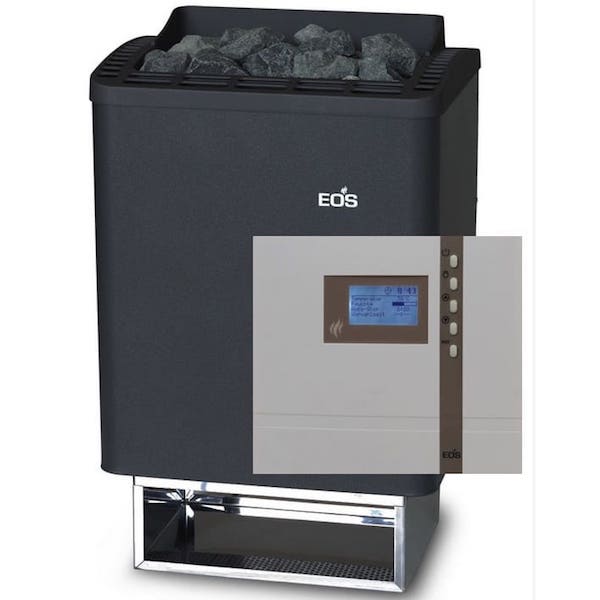 Saunaofen Set mit Steuerung | Der elektrische Saunaofen EOS Thermo Tec überzeugt durch sein stabilen Außenmantel mit elegantem Alugussdruck. Im set nthalten ist die externe Saunasteuerung EOS Econ D2 mit Vorwahlzeit für die finnsiche Sauna.