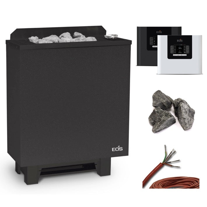 Saunaofen mit Verdampfer für flexible Klimaeinstellungen, wie z.B. trockene Finnische Sauna, milde Dampfsauna. Besonders platzsparende Konstruktion - nur 25 cm Bautiefe. Im Set mit der neuesten Steuerung EOS Compact HP