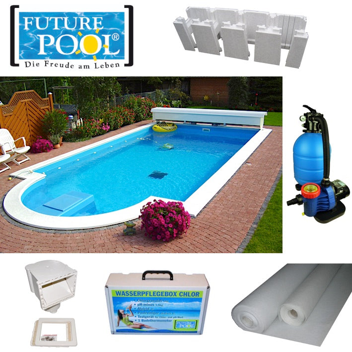 Power S Stone mit römischer Treppe Komplett Pool Bau-Set von Future Pool Im Lieferumfang enthalten sind: Komplettset Power S Schaltsteine inkl. Endschuber Innenhülle 0,8 mm, adriablau Filteranlage Pro Aqua TC 400/80 bzw. TC 500/80, inkl. Quarzsand 1 Skimmer 1 xBodenlauf 2 Mauerdurchführungen mit Flanschsatz, Kugeleinheit (Einlaufdüse) Bodenvlies, Einhängekeisten, Spreiznieten Seitenwandvlies, Klebeband Französchische Treppe Roman Classic, französisch blau oder sand