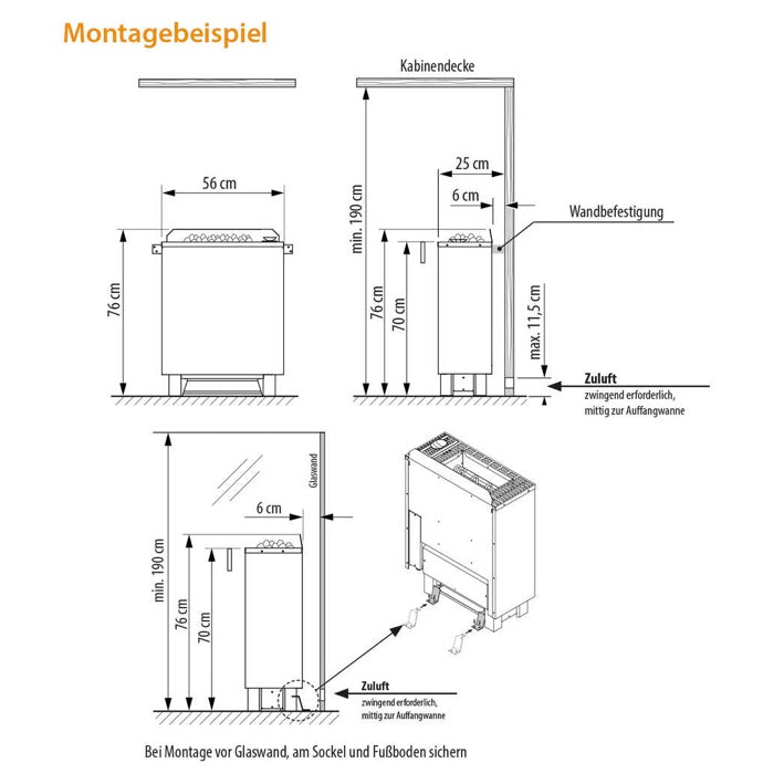 Montagebeispiel Gracil: Platzsparender Standofen mit integriertem Verdampfer für private Saunakabinen. Vielseitiger Saunaofen mit Verdampfer. Saunaofen mit Verdampfer für flexible Klimaeinstellungen, wie z.B. trockene Finnische Sauna, milde Dampfsauna. Besonders platzsparende Konstruktion - nur 25 cm Bautiefe.