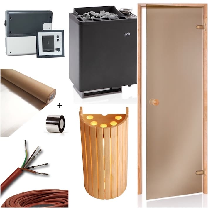 Der Sauna Bausatz für die bio Kombi Sauna mit dem hochwertigen und robusten Saunaofen Bio Tec mit dem Premium Steuergerät EMOTEC H von EOS. Desweiteren sind eine Saunatür in Bronzeglas, Sauna Aluminiumfolie als Dampfsperre, Saunaleuchte mit Abdeckschirm und Silikon-Anschlusskabel enthalten.