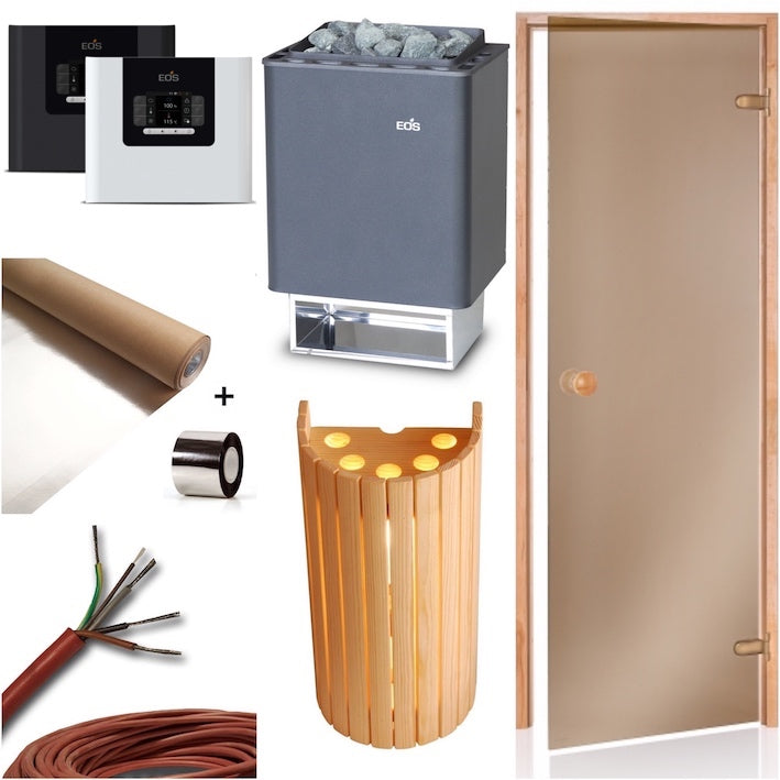 Sauna Bausatz bestehend aus 11 Teilen. Saunaofen Themrat mit Steuergerät Compact, Sauna Aluminiumfolie mit Klebeband, Silikoanschlusskabel, Saunatür und Saunaleuchte Set
