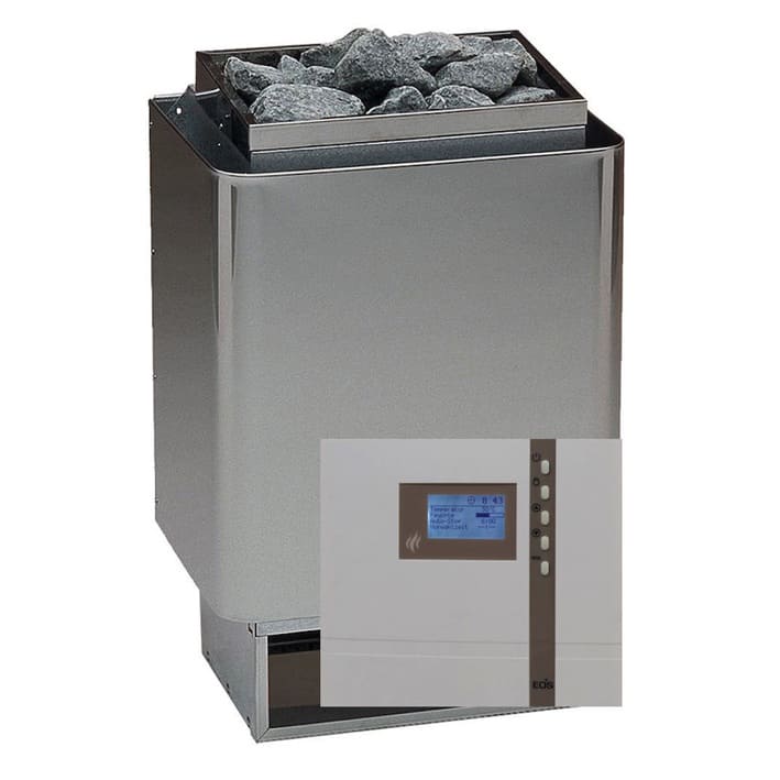 Saunaofen Set 34 A & Econ D4. Lieferumfang 1. Teil: Saunaofen 34A, Anthrazit, 7,5 kW oder 9 kW, EOS Werke 2. Teil: Saunasteuerung ECON D3 3. Teil: Temperaturfühler 4. Teil: 1,7m Fühleranschlusskabel 5. Teil: 2,0m Silikonkabel (Ofen-Steuerung) 6. Teil: 15 kg Olivin-Diabas-Saunasteine