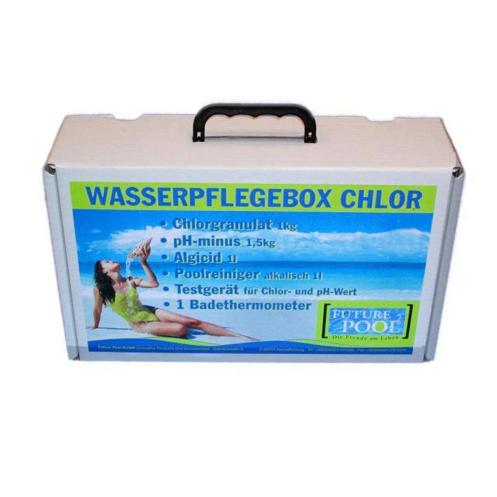Wasserpflegebox Chlor - Starterset für Ihren ersten Pool bestehend aus: - 1 kg Chlorgranulat - 1,5 kg pH-Minus - 1 l Algicid - 1 l Poolreiniger alkalisch - 1 Chlor-pH-Testgerät - 1 Badethermometer 25cm blau