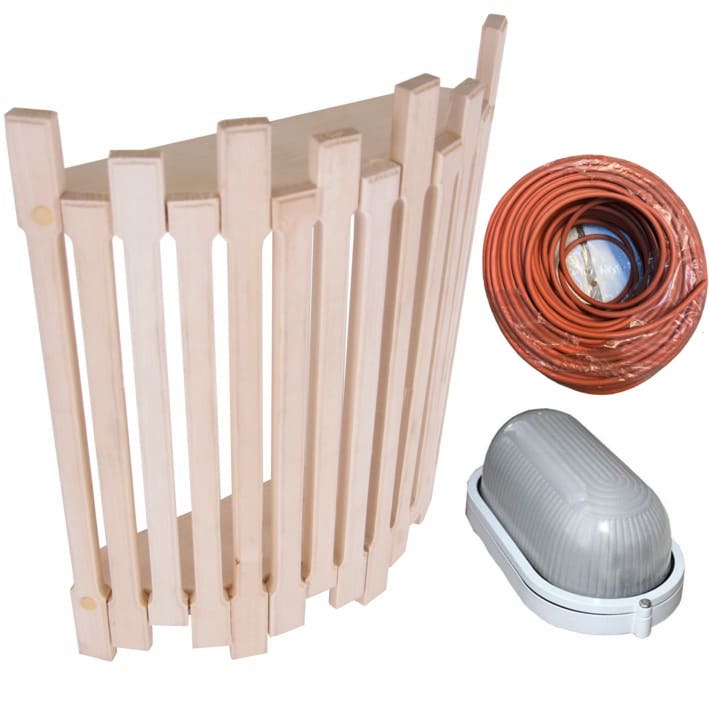 Saunaleuchte Set. 1.Teil: Eck Holzblendschirm aus massiv Lindenholz 2.Teil: Sauna Feuchtraumleuchte, oval 3.Teil: 4,0m Silikon-Anschlusskabel