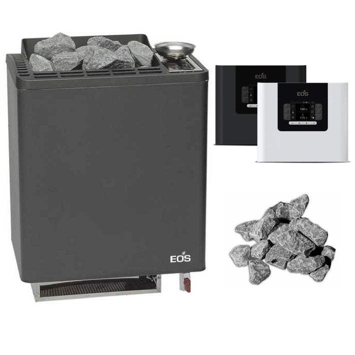 Moderner Saunaofen mit Verdampfer für flexible Klimaeinstellungen, wie z.B. trockene Finnische Sauna, milde Dampfsauna, Kräuterbad. EOS Compact HC: für Finnische Sauna und Sauna mit Feuchtebetrieb. Passend für alle Bi-O Saunaöfen bis 10 kW. Schaltleistung erweiterbar mit Leistungsschaltgeräten. Temperaturregelbereich: 30 °C - 115 °C (finnisch) und 30 °C - 70 °C (Bi-O).