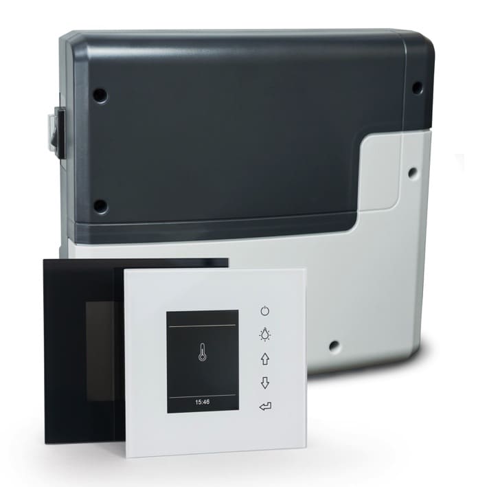 Saunasteuerung EmoStyle D Innovative Saunasteuerung der Luxus-Klasse für die trockene Sauna. Elektronische Saunasteuergerung für anspruchsvolle private und gewerbliche Saunaanlagen. Exklusives Design – Bedienteil mit rahmenloser Glasfront. Erhältlich in Weiß oder Schwarz. TFT-Farbdisplay mit Menüführung in 19 Sprachen. Innovative, komfortable Bedienung mit kapazitiven Tasten. Ausgang für Kabinenlicht, dimmbar, automatische Erkennung von induktiven und kapazitiven Lasten.