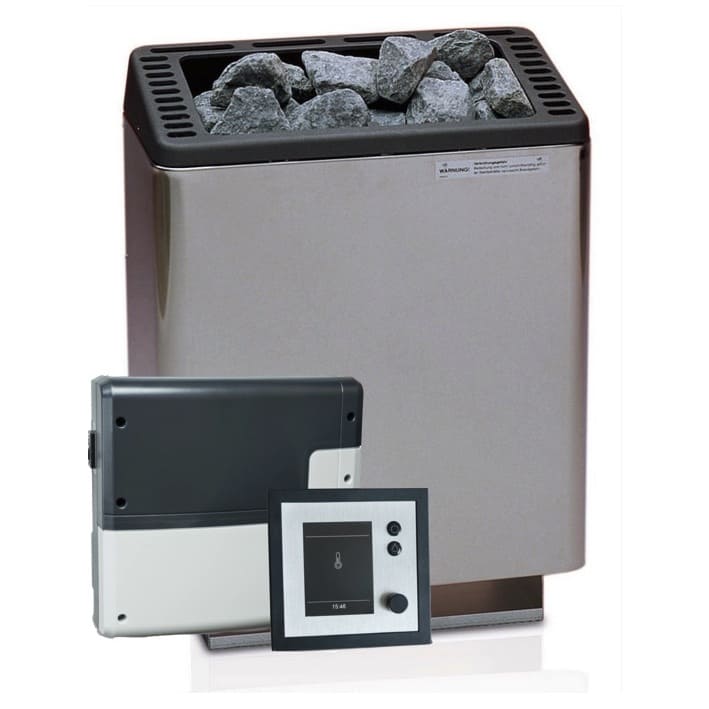 Robuster Saunaofen Euro mit Saunasteuerung EmoTec D von EOS Saunatechnik. Für die finnische Sauna | Dieses Saunaofen Set passt optimal in private sowie gewerbliche Saunakabinen mit einem hohen Leistungsanspruch.