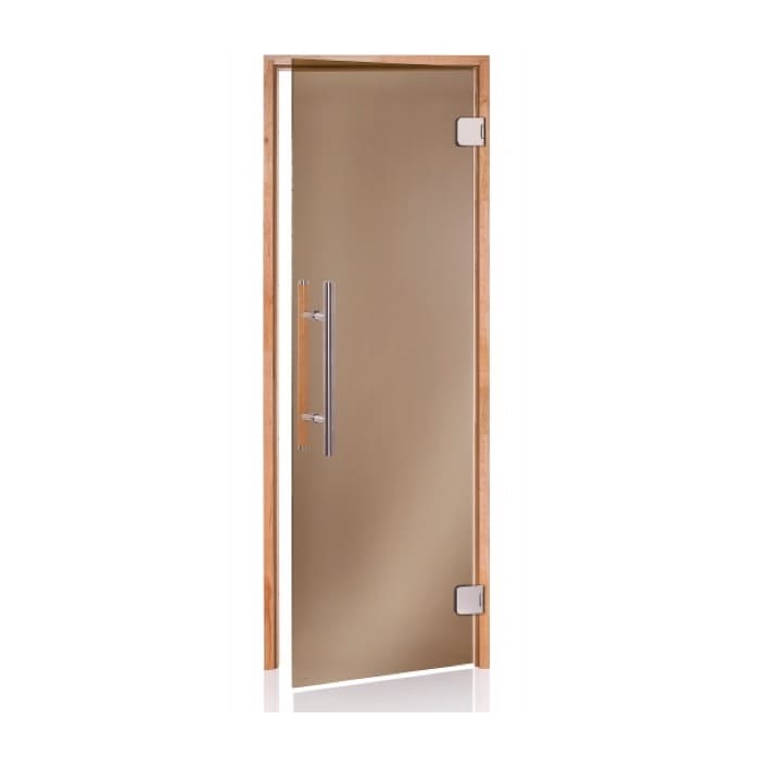 Saunatür aus Glas mit bronziertem Glas Die Scharniere sind aus Edelstahl und der lange Premium Griff innen aus Holz und außen aus Edelstahl. Der Rahmen ist vierseitig aus Espenholz. Diese Saunatür hat ein Einbaumaß von 69 x 189,4 cm.